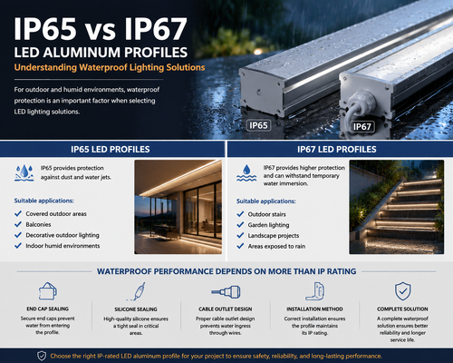 Blog perusahaan terbaru tentang Profil Aluminium LED IP65 vs IP67: Memahami Solusi Pencahayaan Tahan Air