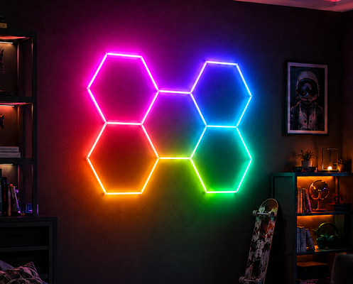 Harga bagus Panel Lampu Modular LED RGB Bentuk Heksagonal yang Dapat Dihubungkan untuk Aplikasi Pencahayaan Langit-langit Garasi, Gym, Bengkel, dan Kantor on line