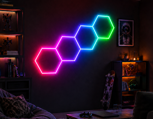 Harga bagus Panel Lampu Heksagonal LED RGB Modular Sempurna untuk Pencahayaan dan Dekorasi Langit-langit Garasi, Gym, Bengkel, dan Kantor on line