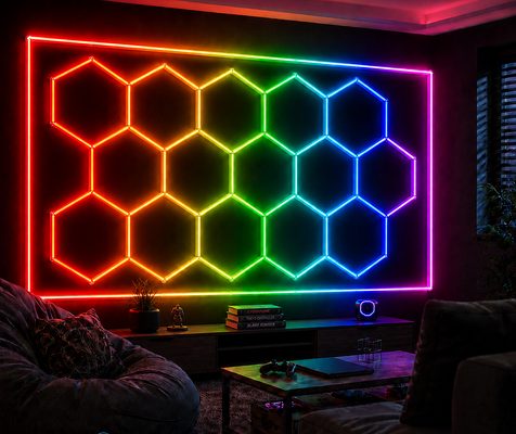 2026 Baru 15Hexagon RGB Remote Control Honeycomb LED Lampu Langit-langit 24V IP20 untuk Gym Salon Garasi Bar Atmosfer Cahaya CE Siap