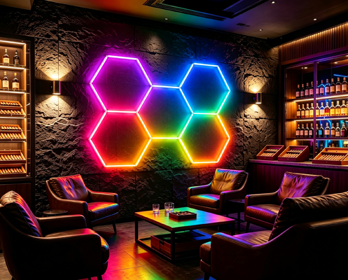 Harga bagus Panel Lampu Modular LED RGB Bentuk Heksagonal yang Dapat Dihubungkan untuk Aplikasi Pencahayaan Langit-langit Garasi, Gym, Bengkel, dan Kantor On line